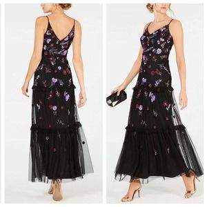 ADRIANNA PAPELL Embroidered Purple Beaded Floral Maxi Gown Dress – Large / US 14